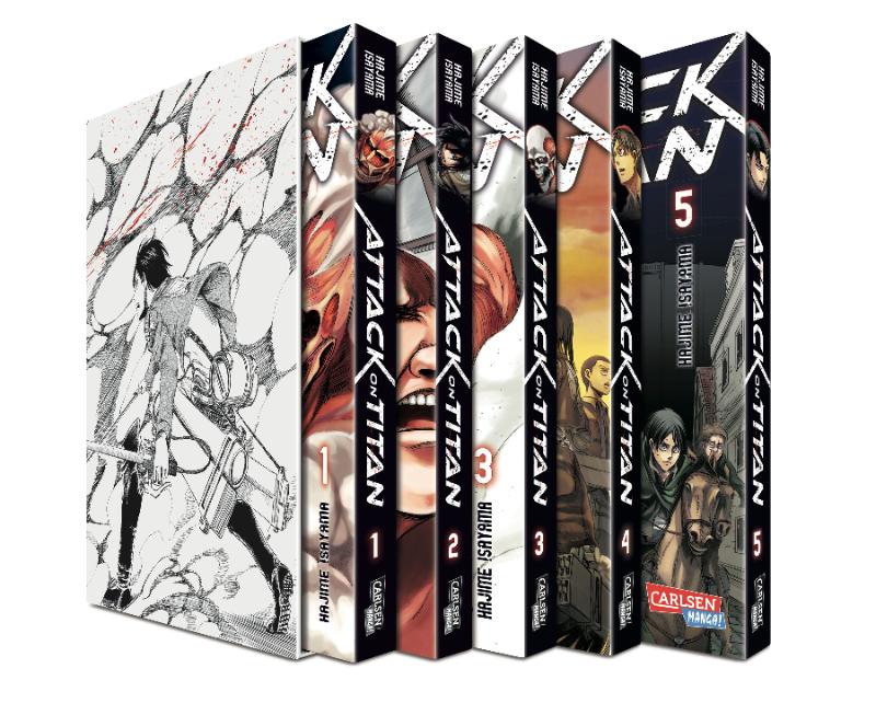 Attack on Titan Band 1-5 im Schuber inkl. Bügelbild + 1 exklusives Postkartenset