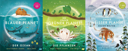 Unser blauer Planet + Unser grüner Planet + Weisser Planet im Set + 1 exklusives Postkartenset