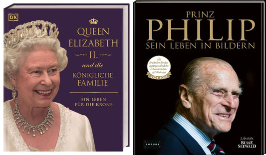 Queen Elizabeth II. + Prinz Philip 2 Bildbände im Set + 1 exklusives Postkartenset